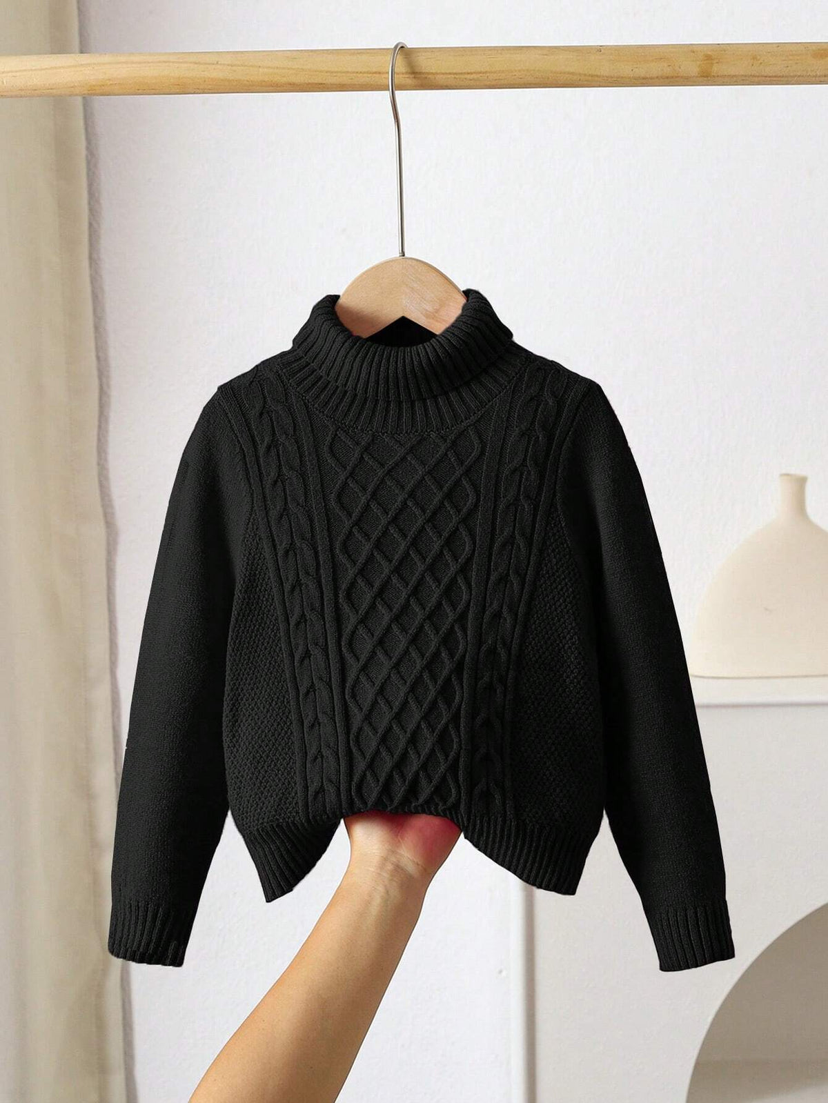 Young Girl Solid Colored Stand Collar Fitted Casual Sweater