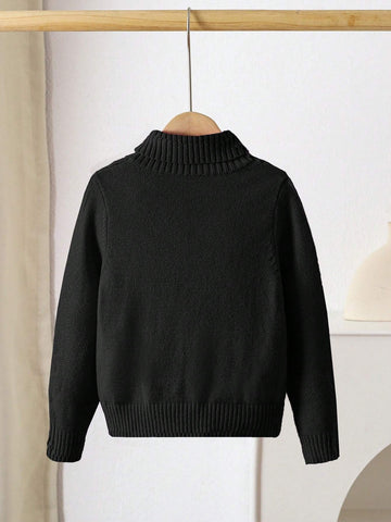 Young Girl Solid Colored Stand Collar Fitted Casual Sweater