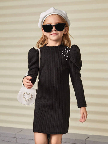 Young Girl Solid Knit Fluffy Stand Collar Embellished Pearl Gigot Sleeve Fitted Casual Dress