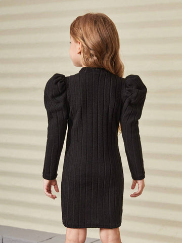 Young Girl Solid Knit Fluffy Stand Collar Embellished Pearl Gigot Sleeve Fitted Casual Dress