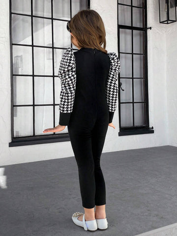 Young Girl Solid Knitting Patchwork Plaid Raglan Sleeve Jumpsuit