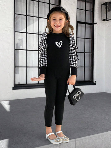 Young Girl Solid Knitting Patchwork Plaid Raglan Sleeve Jumpsuit
