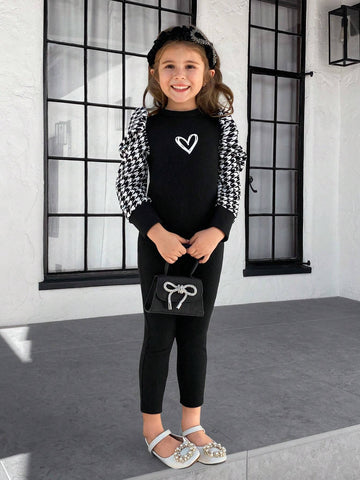 Young Girl Solid Knitting Patchwork Plaid Raglan Sleeve Jumpsuit