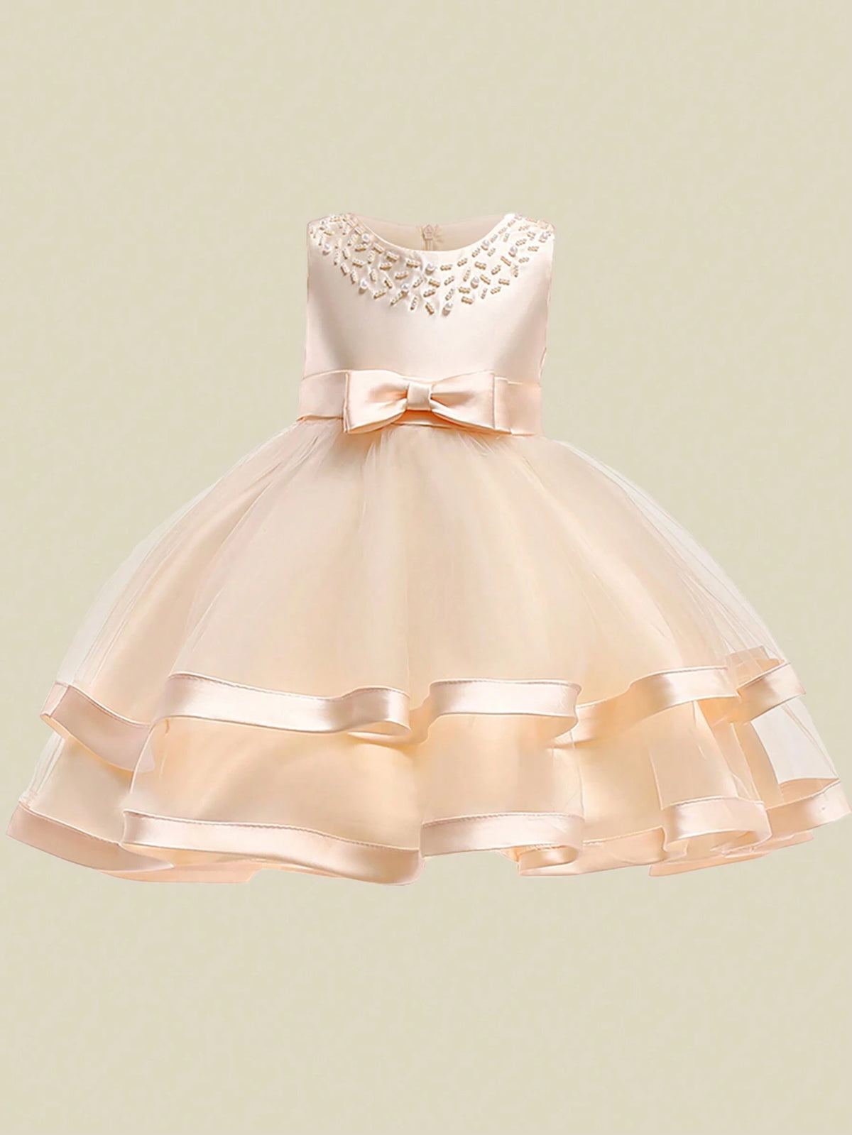Young Girl' Solid Mesh & Satin Sleeveless Puff Dress, Elegant Party Formal Wear