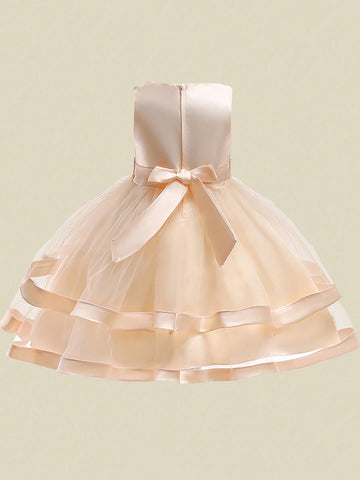 Young Girl' Solid Mesh & Satin Sleeveless Puff Dress, Elegant Party Formal Wear