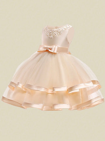 Young Girl' Solid Mesh & Satin Sleeveless Puff Dress, Elegant Party Formal Wear