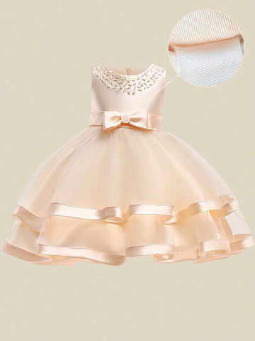 Young Girl' Solid Mesh & Satin Sleeveless Puff Dress, Elegant Party Formal Wear