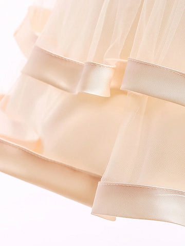 Young Girl' Solid Mesh & Satin Sleeveless Puff Dress, Elegant Party Formal Wear