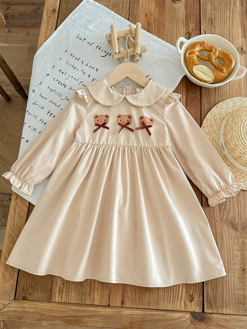 Young Girl Solid Smock Neck Cute Bear Pattern Fitted Casual Dress
