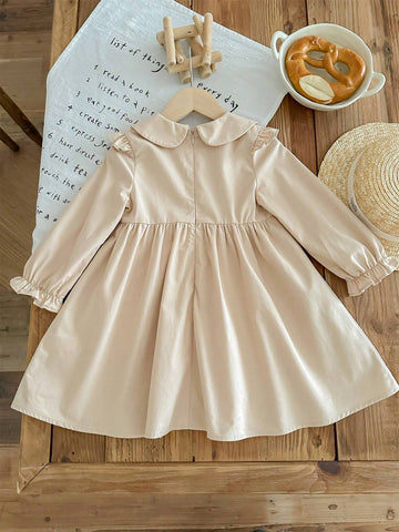 Young Girl Solid Smock Neck Cute Bear Pattern Fitted Casual Dress