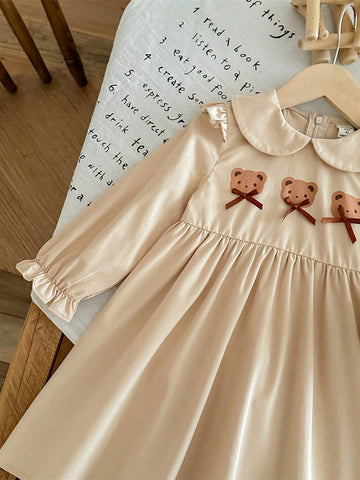 Young Girl Solid Smock Neck Cute Bear Pattern Fitted Casual Dress