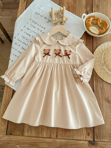 Young Girl Solid Smock Neck Cute Bear Pattern Fitted Casual Dress