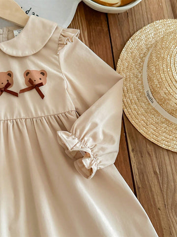 Young Girl Solid Smock Neck Cute Bear Pattern Fitted Casual Dress
