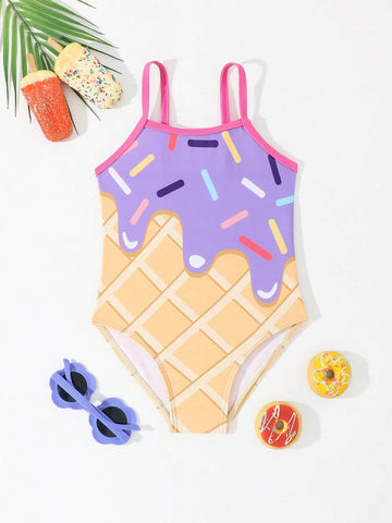 Young Girl Spaghetti Strap Backless Floral Print One-Piece Swimsuit