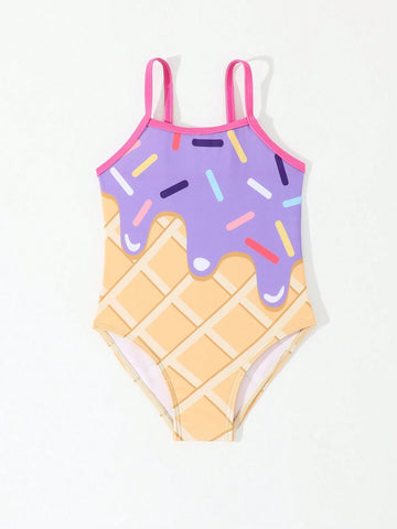 Young Girl Spaghetti Strap Backless Floral Print One-Piece Swimsuit