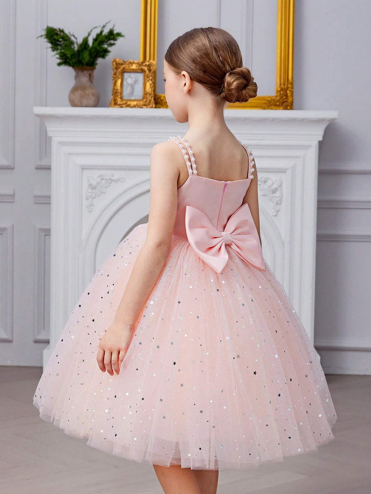 Young Girl Spaghetti Strap Bow-Knot Beaded Sequin Mesh Princess Dress