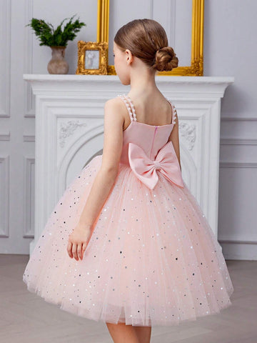 Young Girl Spaghetti Strap Bow-Knot Beaded Sequin Mesh Princess Dress
