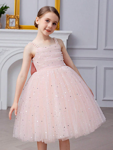 Young Girl Spaghetti Strap Bow-Knot Beaded Sequin Mesh Princess Dress