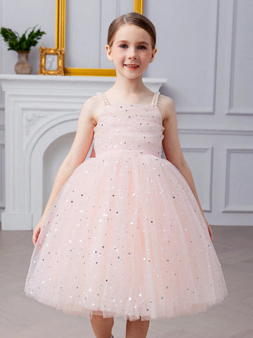 Young Girl Spaghetti Strap Bow-Knot Beaded Sequin Mesh Princess Dress