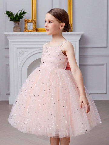 Young Girl Spaghetti Strap Bow-Knot Beaded Sequin Mesh Princess Dress