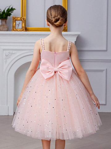 Young Girl Spaghetti Strap Bow-Knot Beaded Sequin Mesh Princess Dress