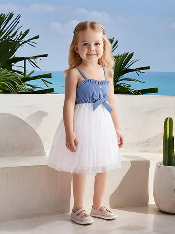 Young Girl Spaghetti Strap Bow Tie Mesh Patchwork Summer Dress