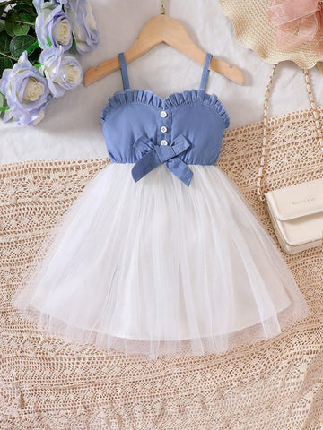 Young Girl Spaghetti Strap Bow Tie Mesh Patchwork Summer Dress