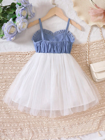 Young Girl Spaghetti Strap Bow Tie Mesh Patchwork Summer Dress