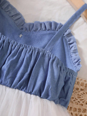 Young Girl Spaghetti Strap Bow Tie Mesh Patchwork Summer Dress