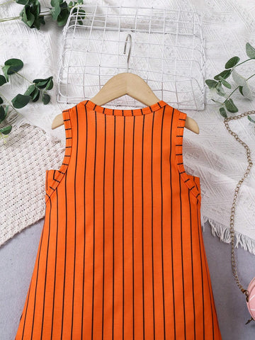 Young Girl Sports Casual Orange Stripe & Print Mesh Patchwork Dress, Summer