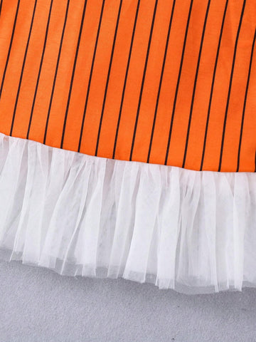 Young Girl Sports Casual Orange Stripe & Print Mesh Patchwork Dress, Summer