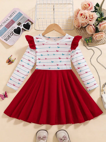 Young Girl' Spring/Autumn Cute Cap Sleeve Round Neck Long Sleeve Dress
