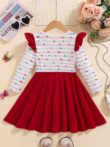 Young Girl' Spring/Autumn Cute Cap Sleeve Round Neck Long Sleeve Dress