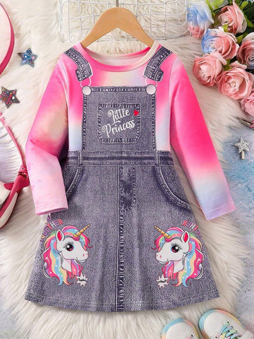 Young Girl' Spring/Autumn Denim Effect Tie-Dye Printed Round Neck Long Sleeve Casual Dress, Fashionable Children Clothing