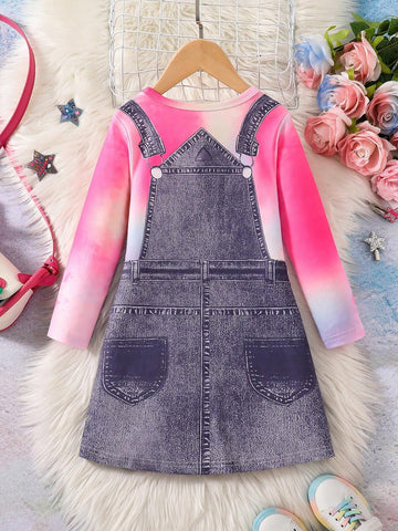 Young Girl' Spring/Autumn Denim Effect Tie-Dye Printed Round Neck Long Sleeve Casual Dress, Fashionable Children Clothing