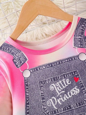 Young Girl' Spring/Autumn Denim Effect Tie-Dye Printed Round Neck Long Sleeve Casual Dress, Fashionable Children Clothing