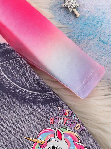 Young Girl' Spring/Autumn Denim Effect Tie-Dye Printed Round Neck Long Sleeve Casual Dress, Fashionable Children Clothing