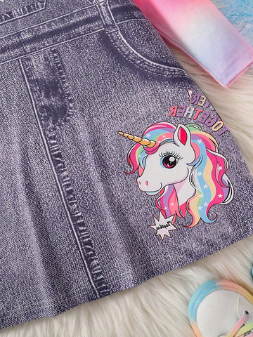 Young Girl' Spring/Autumn Denim Effect Tie-Dye Printed Round Neck Long Sleeve Casual Dress, Fashionable Children Clothing