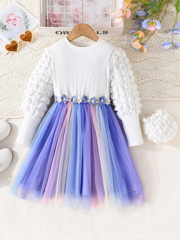 Young Girl Spring/Autumn Elegant Floral Embroidery Bubble Sleeve Princess Dress With Mesh Skirt & Purseb