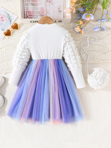 Young Girl Spring/Autumn Elegant Floral Embroidery Bubble Sleeve Princess Dress With Mesh Skirt & Purseb