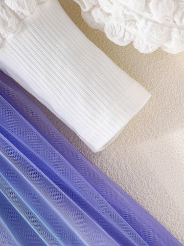 Young Girl Spring/Autumn Elegant Floral Embroidery Bubble Sleeve Princess Dress With Mesh Skirt & Purseb