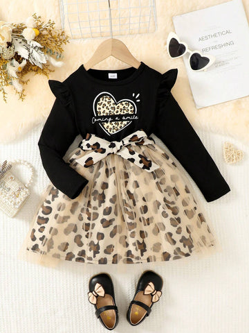 Young Girl' Spring/Autumn Fashion Chic Heart Print Ruffled Mesh Dress