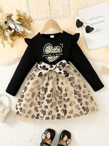 Young Girl' Spring/Autumn Fashion Chic Heart Print Ruffled Mesh Dress