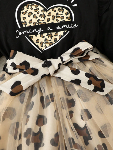 Young Girl' Spring/Autumn Fashion Chic Heart Print Ruffled Mesh Dress