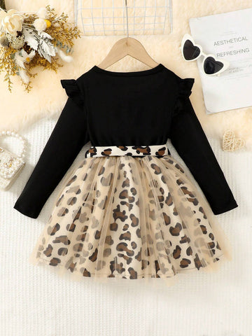 Young Girl' Spring/Autumn Fashion Chic Heart Print Ruffled Mesh Dress