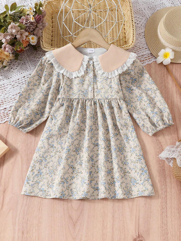 Young Girl Spring/Autumn Floral Printed Peter Pan Collar Princess Dress With Long Sleeves