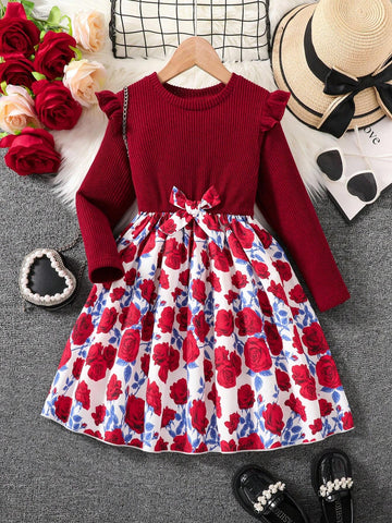 Young Girl Spring/Autumn New Long Sleeve Elastic Jacquard Rose Floral Print Dress With Bowknot, Elegant