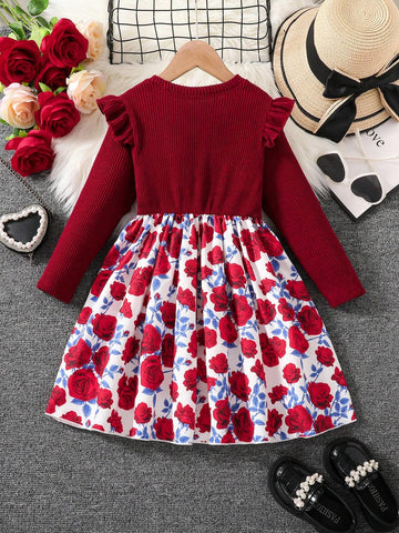 Young Girl Spring/Autumn New Long Sleeve Elastic Jacquard Rose Floral Print Dress With Bowknot, Elegant