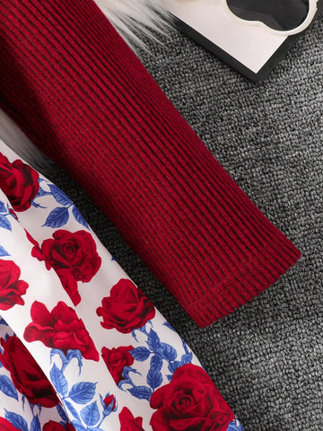 Young Girl Spring/Autumn New Long Sleeve Elastic Jacquard Rose Floral Print Dress With Bowknot, Elegant