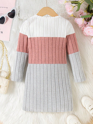Young Girl Spring/Autumn Ribbed Soft Patchwork Embroidered Cat Dress